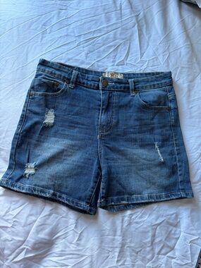 Women's Mid-Rise Distressed Denim Shorts - Blue